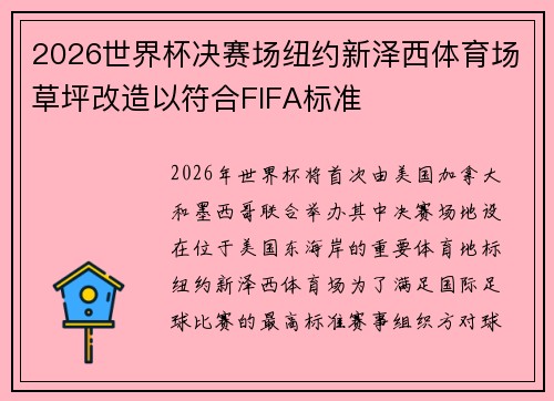 2026世界杯决赛场纽约新泽西体育场草坪改造以符合FIFA标准