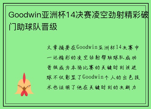 Goodwin亚洲杯14决赛凌空劲射精彩破门助球队晋级