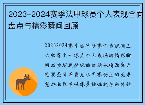 2023-2024赛季法甲球员个人表现全面盘点与精彩瞬间回顾